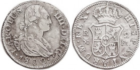 Charles IV, 2 Reales, 1802-Madrid-FA, Choice VF-EF, nice bright metal with lt tone, good detail, very attractive. Should be worth more than it is wort...