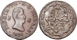 Ferdinand VII, 8 Maravedis, 1814 Jubia, AEF, quite well struck with strong details, excellent chocolate brown surfaces; sl bendy planchet apparently a...