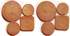 GERMANY, ULM, set of 4 1600-1700s coins (1 & 12 Kr, 1/2 & 1 Taler), 1922 "RESTRIKES" in PORCELAIN, terra-cotta.