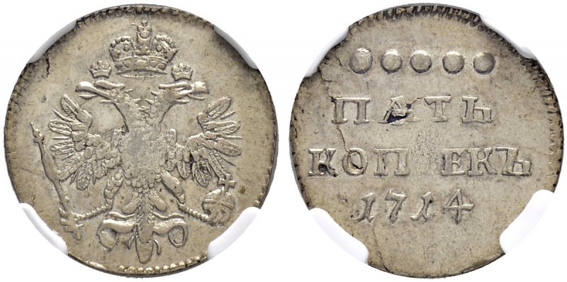 RUSSIA. RUSSIAN EMPIRE. Peter I. 1682-1725. 5 Kopecks 1714, Red Mint. Bitkin 115...