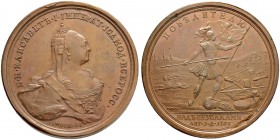 RUSSIA. RUSSIAN EMPIRE. Elizabeth, 1741-1762. Copper battle medal ”TO THE VICTOR OVER PRUSSIANS, 1 AUGUST 1759 or VICTORY AT KUNNERSDORF”. 43 mm. 34.5...