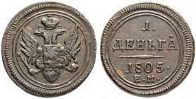 RUSSIA. RUSSIAN EMPIRE. Alexander I. 1801-1825. Denga 1805, Ekaterinburg Mint. 6.56 g. Bitkin 323 (R). Rare. Lightly corroded. Extremely fine.
Деньга...