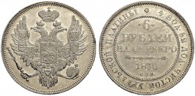 RUSSIA. RUSSIAN EMPIRE. Nicholas I. 1825-1855. 6 Roubles 1830, St. Petersburg Mint. 20,61 g. Bitkin 56 (R2). Very rare. 25 roubles acc. To Iljin. Mino...