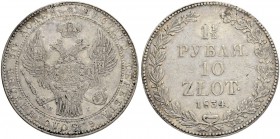 RUSSIA. RUSSIAN EMPIRE. Nicholas I. 1825-1855. 1 1/2 Roubles – 10 Zlotych 1834, St. Petersburg Mint, HГ. 31.17 g. Bitkin 1086 (R). Rare. 3 roubles acc...