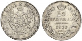 RUSSIA. RUSSIAN EMPIRE. Nicholas I. 1825-1855. 25 Kopeks 1838, St. Petersburg Mint, HГ. 5.33 g. Bitkin 281. Lightly cleaned. About extremely fine.
25...