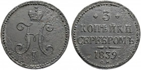 RUSSIA. RUSSIAN EMPIRE. Nicholas I. 1825-1855. 3 Kopecks 1839, Suzun Mint, CM. 31.68 g. Bitkin 719 (R1). Rare. 3 roubles acc. To Iljin. Corroded. Abou...