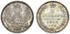 RUSSIA. RUSSIAN EMPIRE. Nicholas I. 1825-1855. 5 Kopecks 1848, St. Petersburg Mint, HI. 1.04 g. Bitkin 404. Rare as a proof! Choice brilliant uncircul...