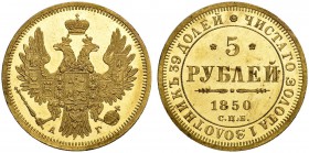 RUSSIA. RUSSIAN EMPIRE. Nicholas I. 1825-1855. 5 Roubles 1850, St. Petersburg Mint, AГ. 6,53 g. Bitkin 33. Very rare as a proof! Cabinet piece. Brilli...