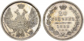 RUSSIA. RUSSIAN EMPIRE. Nicholas I. 1825-1855. 20 Kopecks 1852, St. Petersburg Mint, ПA. 4.12 g. Bitkin 341. Very rare as a proof! Small scratch. Unci...
