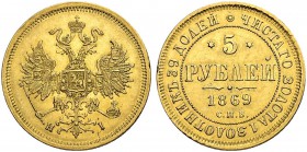 RUSSIA. RUSSIAN EMPIRE. Alexander II. 1855-1881. 5 Roubles 1869, St. Petersburg Mint, HI. 6.52 g. Bitkin 17. Struck with clashed dies. Good extremely ...