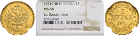 RUSSIA. RUSSIAN EMPIRE. Alexander II. 1855-1881. 3 Roubles 1871, St. Petersburg Mint, HI. Bitkin 33 (R). Rare. ”Ex.(emplar Leonid) Soedermann” NGC MS ...