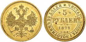 RUSSIA. RUSSIAN EMPIRE. Alexander II. 1855-1881. 5 Roubles 1873, St. Petersburg Mint, HI. 6.54 g. Bitkin 21. Extremely fine.
5 Рублей 1873, СПб МД, H...