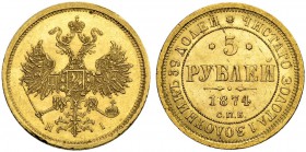RUSSIA. RUSSIAN EMPIRE. Alexander II. 1855-1881. 5 Roubles 1874, St. Petersburg Mint, HI. 6.53 g. Bitkin 22. Extremely fine to uncirculated and lustro...