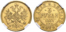 RUSSIA. RUSSIAN EMPIRE. Alexander II. 1855-1881. 3 Roubles 1881, St. Petersburg Mint, HФ. Bitkin 44 (R). Rare. NGC MS 61.
3 Рубля 1881, СПб МД, HФ. Б...