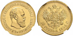RUSSIA. RUSSIAN EMPIRE. Alexander III. 1881-1894. 10 Roubles 1894, St. Petersburg Mint, AГ. 12.88 g. Bitkin 23. NGC MS 63.
10 Рублей 1894, СПб МД, AГ...