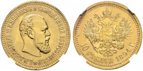 RUSSIA. RUSSIAN EMPIRE. Alexander III. 1881-1894. 10 Roubles 1894, St. Petersburg Mint, AГ. 12.88 g. Bitkin 23. About uncirculated.
10 Рублей 1894, С...