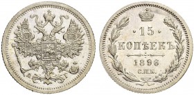 RUSSIA. RUSSIAN EMPIRE. Nicholas II. 1894-1917. 15 Kopecks 1896, St. Petersburg Mint, AГ. 2.66 g. Bitkin 120. Rare as a proof. Oxidation bubbles. Unci...