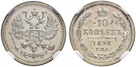 RUSSIA. RUSSIAN EMPIRE. Nicholas II. 1894-1917. 10 Kopecks 1898, St. Petersburg Mint, AГ. Bitkin 148. Rare as a proof. Cabinet piece. NGC PF 67 ULTRA ...