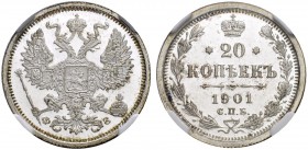 RUSSIA. RUSSIAN EMPIRE. Nicholas II. 1894-1917. 20 Kopecks 1901, St. Petersburg Mint, ФЗ. Bitkin 100. Rare as a proof. Cabinet piece. NGC PF 66 ULTRA ...