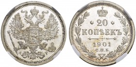 RUSSIA. RUSSIAN EMPIRE. Nicholas II. 1894-1917. 20 Kopecks 1901, St. Petersburg Mint, AP. Bitkin 101 (R2). Extremely rare!! 10 roubles according to Il...
