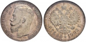 RUSSIA. RUSSIAN EMPIRE. Nicholas II. 1894-1917. Rouble 1902, St. Petersburg Mint, AP. Bitkin 56 (R). Very rare as a proof! NGC PF 62.
Рубль 1902, СПб...