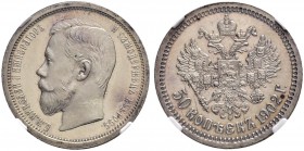 RUSSIA. RUSSIAN EMPIRE. Nicholas II. 1894-1917. 50 Kopecks 1902, St. Petersburg Mint, AP. Bitkin 82 (R1). Rare. Cabinet piece. NGC PF 64 ULTRA CAMEO
...