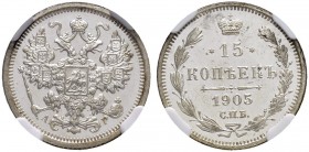 RUSSIA. RUSSIAN EMPIRE. Nicholas II. 1894-1917. 15 Kopecks 1905, St. Petersburg Mint, AP. Bitkin 131. Rare as a proof. Cabinet piece. NGC PF 65 ULTRA ...