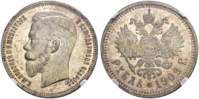 RUSSIA. RUSSIAN EMPIRE. Nicholas II. 1894-1917. Rouble 1909, St. Petersburg Mint, ЭБ. Bitkin 63 (R). Very rare as a proof! NGC PF 63.
Рубль 1909, СПб...