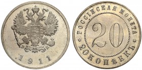 RUSSIA. RUSSIAN EMPIRE. Nicholas II. 1894-1917. Pattern-20 Kopeks 1911, St. Petersburg Mint, ЭБ. 6.02 g. Bitkin 352 (R3). Extremely rare! Brilliant un...