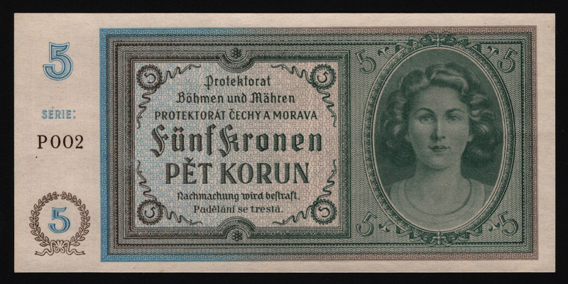 Bohemia & Moravia 5 Korun 1940 (ND)
P# 4a; UNC
