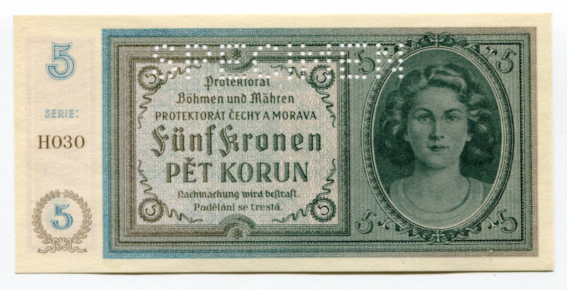 Bohemia & Moravia 5 Korun 1940 (ND) Specimen
P# 4s; UNC