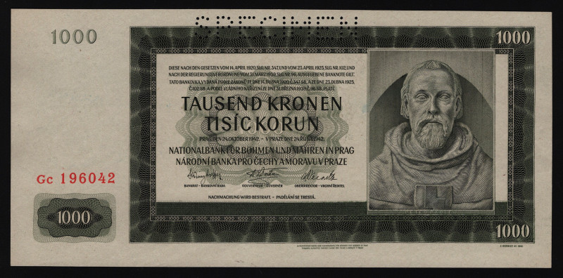 Bohemia & Moravia 1000 Korun 1942 Specimen
P# 14s; UNC