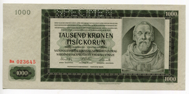 Bohemia & Moravia 1000 Korun 1942 Specimen
P# 14s; 2nd Issue; UNC