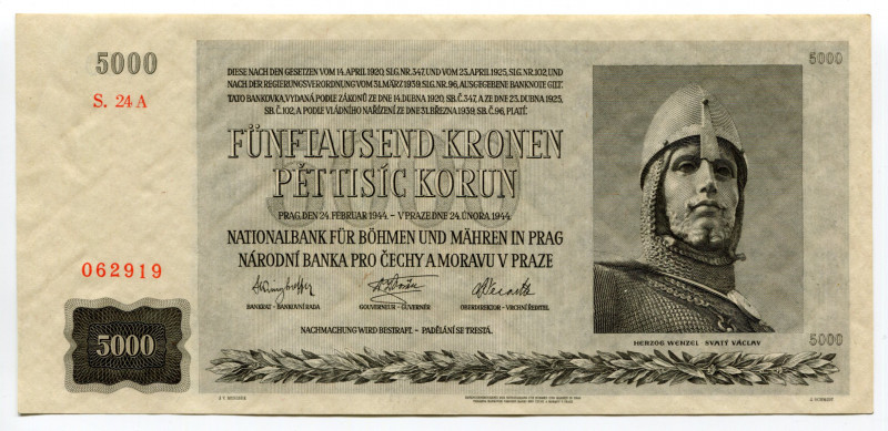 Bohemia & Moravia 5000 Korun 1944
P# 75a; # 25A 062919; UNC-