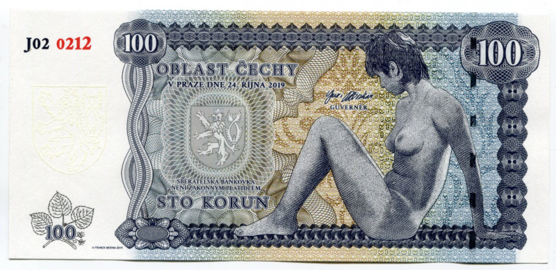 Bohemia & Moravia 100 Korun 2019 Specimen # J02 0212
Made by Frank Medina; UNC