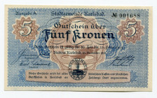 Czechoslovakia Karlsbad 5 Kronen 1918 (1919)
Notgeld; #001688; aUNC+