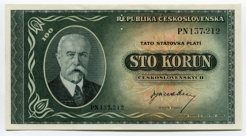 Czechoslovakia 100 Korun 1945 Specimen
P# 63s; № PN 137212; UNC; "Tomáš Garrigu...