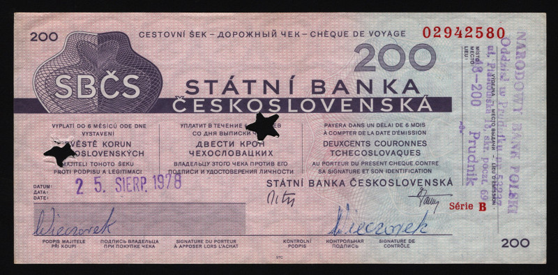 Czechoslovakia Travel Cheque 200 Korun 1978 Rare
With Watermarks; AUNC