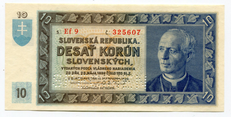 Slovakia 10 Korun 1939 Specimen
P# 4s; AUNC