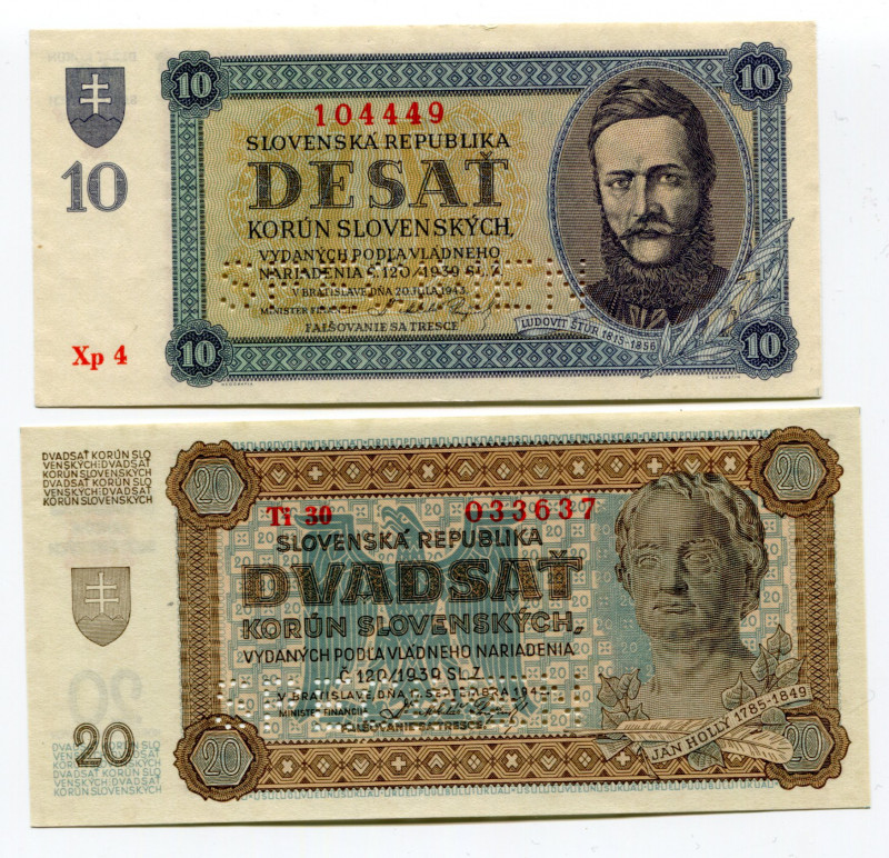 Slovakia 10 & 20 Korun 1942 - 1943 Specimen
P# 6s,7s; AUNC-UNC