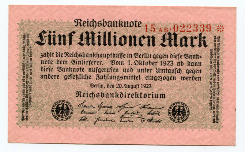 Germany - Weimar Republic 5 Millionen Mark 1923
P# 105; AUNC