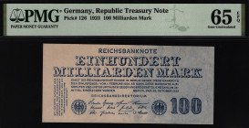 Germany - Weimar Republic 100 Milliarden Mark 1923 PMG 65 EPQ
P# 126; UNC