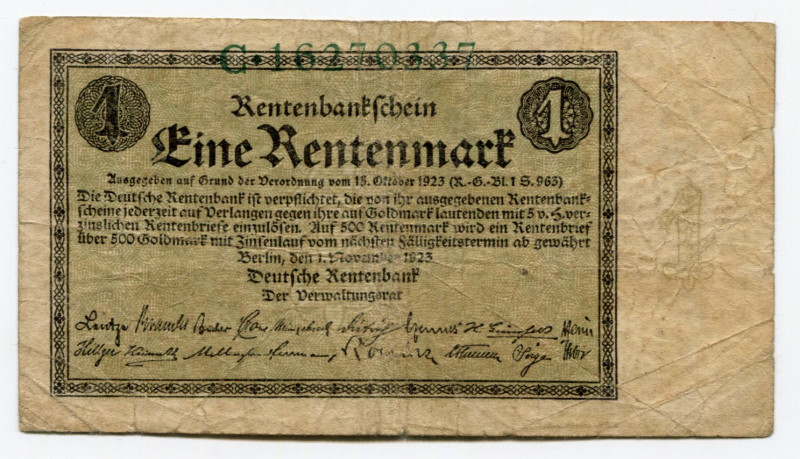 Germany - Weimar Republic 1 Rentenmark 1923
P# 161; Not common