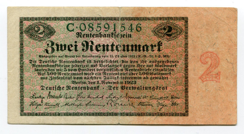 Germany - Weimar Republic 2 Rentenmark 1923
P# 162; VF+