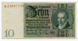 Germany - Weimar Republic 10 Reichsmark 1929
P# 180a; AUNC