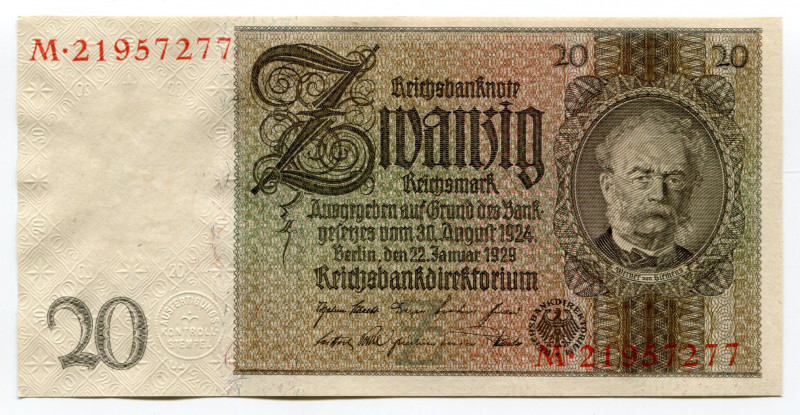 Germany - Weimar Republic 20 Reichsmark 1929
P# 181a; XF