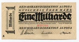 Germany - Weimar Republic 1 Milliarde Mark 1923
P# S1118; Regional Railroad Office Altona; XF+