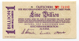 Germany - Weimar Republic 1 Billion Mark 1923
P# S1125; Regional Railroad Office Altona; UNC