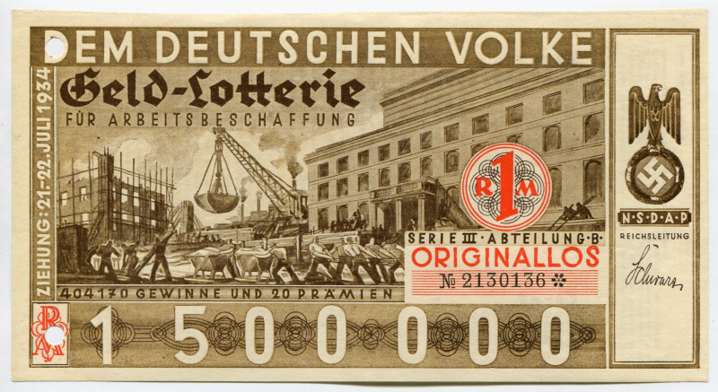 Germany - Third Reich Lottery Ticket 1 Reichsmark 1934
# 2130136; UNC