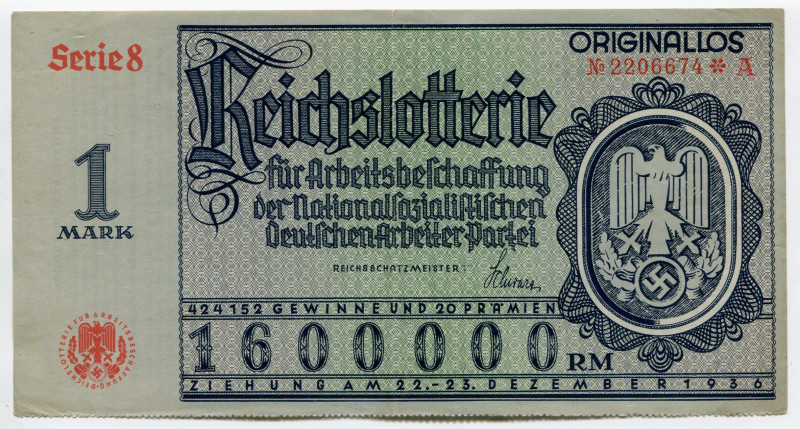 Germany - Third Reich Lottery Ticket 1 Reichsmark 1936
# 2206674 A; XF